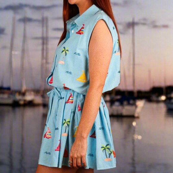 NWT Queen of Sparkles Blue Stripe Sail Boat & Palm Tree Icon Cotton Tie Dress - Picture 2 of 8
